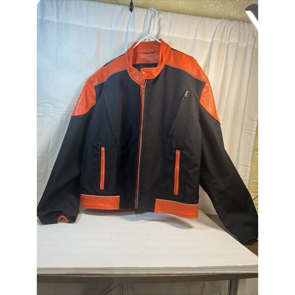 Hillside Men's Vented Leather & Cordura Jacket, Biker Jacket Sz 48, Orange Black
